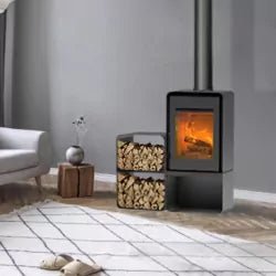 Stufa a legna Domino con portalegna e modulo 2 ripiani – 8,5 kW